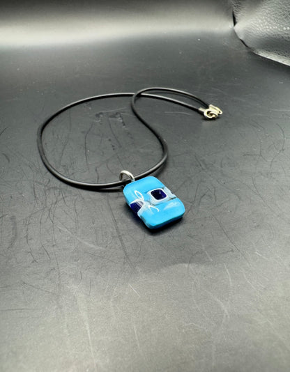 Murano Glass Pendant Necklace – Blue Art Glass on Black Cord – Handmade Look