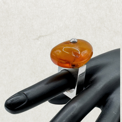 Mogens Godskesen Sterling Silver Ring with Large Amber, Size 7.5