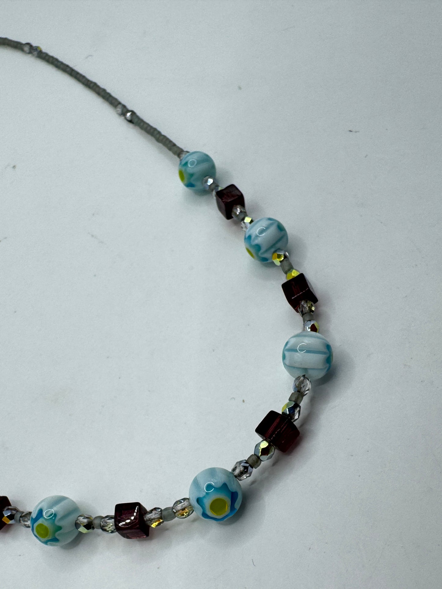 Vintage Art Glass Necklace – Lampwork Blue Floral Beads, Sterling Silver Clasp 925, 21”