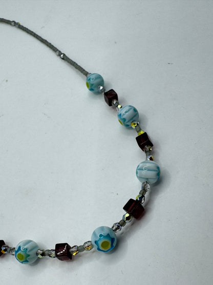 Vintage Art Glass Necklace – Lampwork Blue Floral Beads, Sterling Silver Clasp 925, 21”