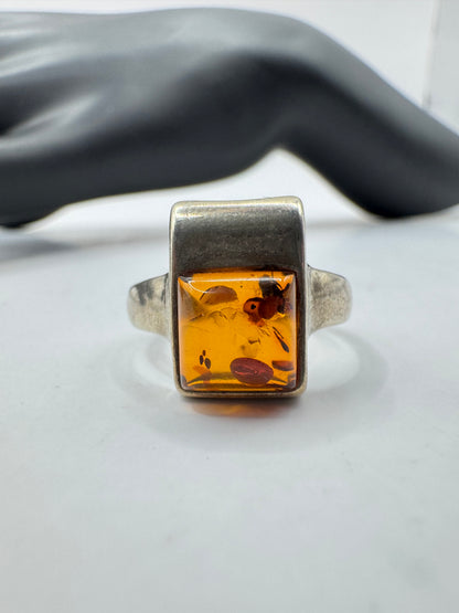 Sterling Silver Rectangular Amber Ring Size 7.5