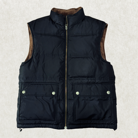 Vintage Pronto Uomo Men’s Puffer Vest – Size S, Navy, Fleece Lined, Snap Pockets