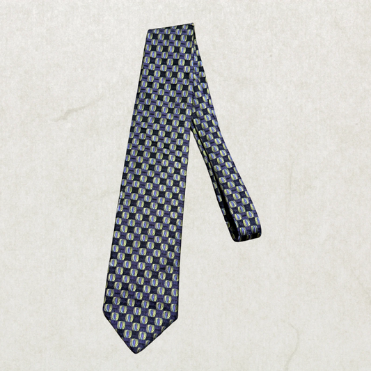 Vintage Stone House Made in Italy 100% Silk Tie – Geometric Medallion Pattern Designer Necktie Purple Green 59” x 3.5”