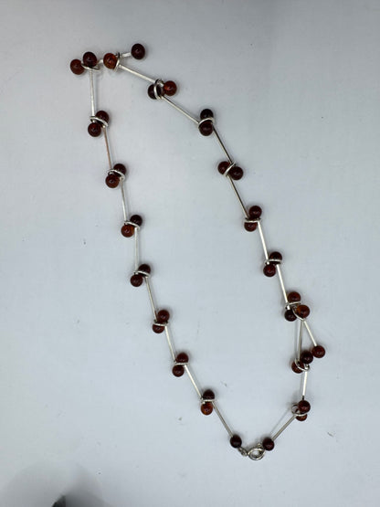 Silver 925 Amber Bead Bar Necklace 15”