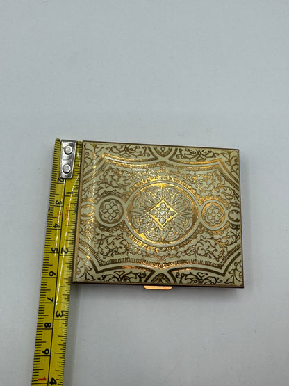 Early 1960s Italian Hand-Tooled Gold Leather Powder Compact with Mirror