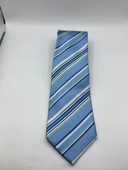Vintage Balmain Paris 100% Silk Striped Tie, Light Blue Green and White