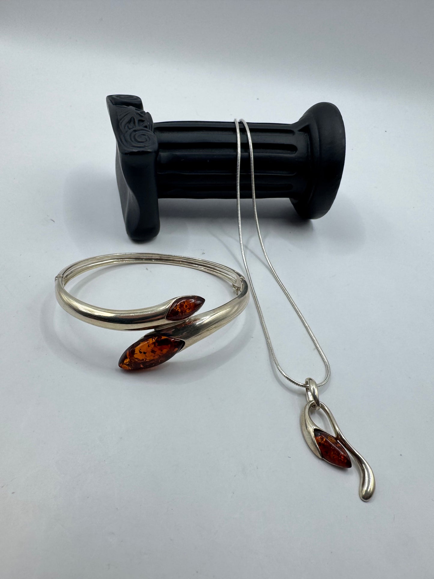 Silver 925 Amber Necklace and Bangle Set