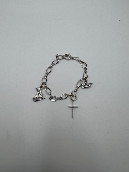 Vintage Sterling Silver Charm Bracelet – Ice Skate & Cross Charms