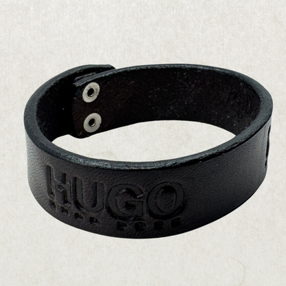 Vintage HUGO BOSS Genuine Leather Bracelet – Black Men’s Designer Wristband 8.5”