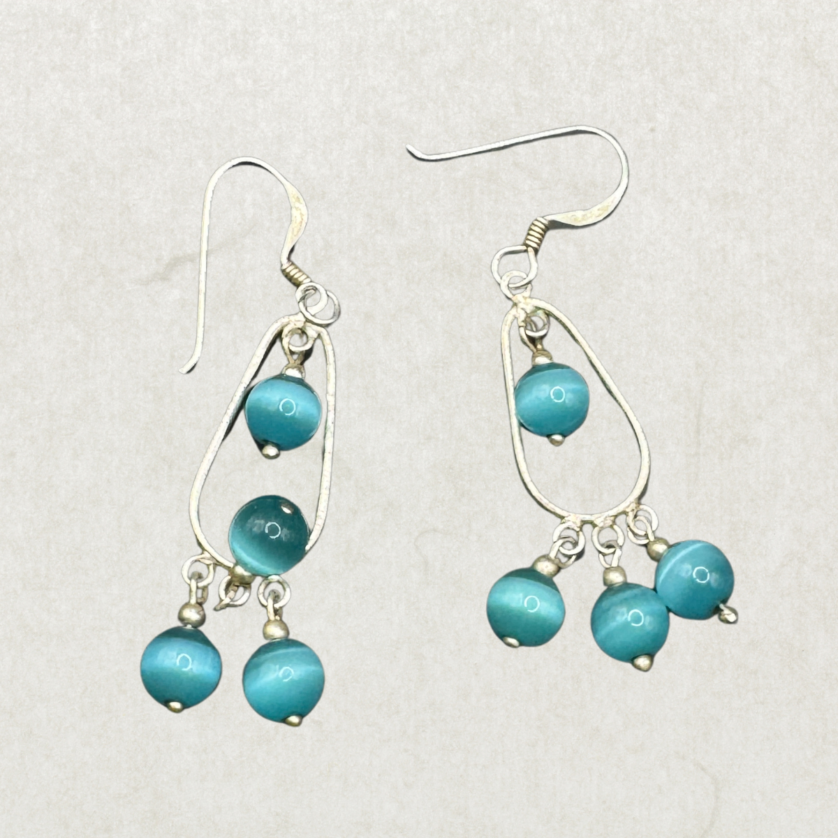 Vintage Sterling Silver Dangle Earrings with Aqua Blue Beads – Minimalist Chandelier Style