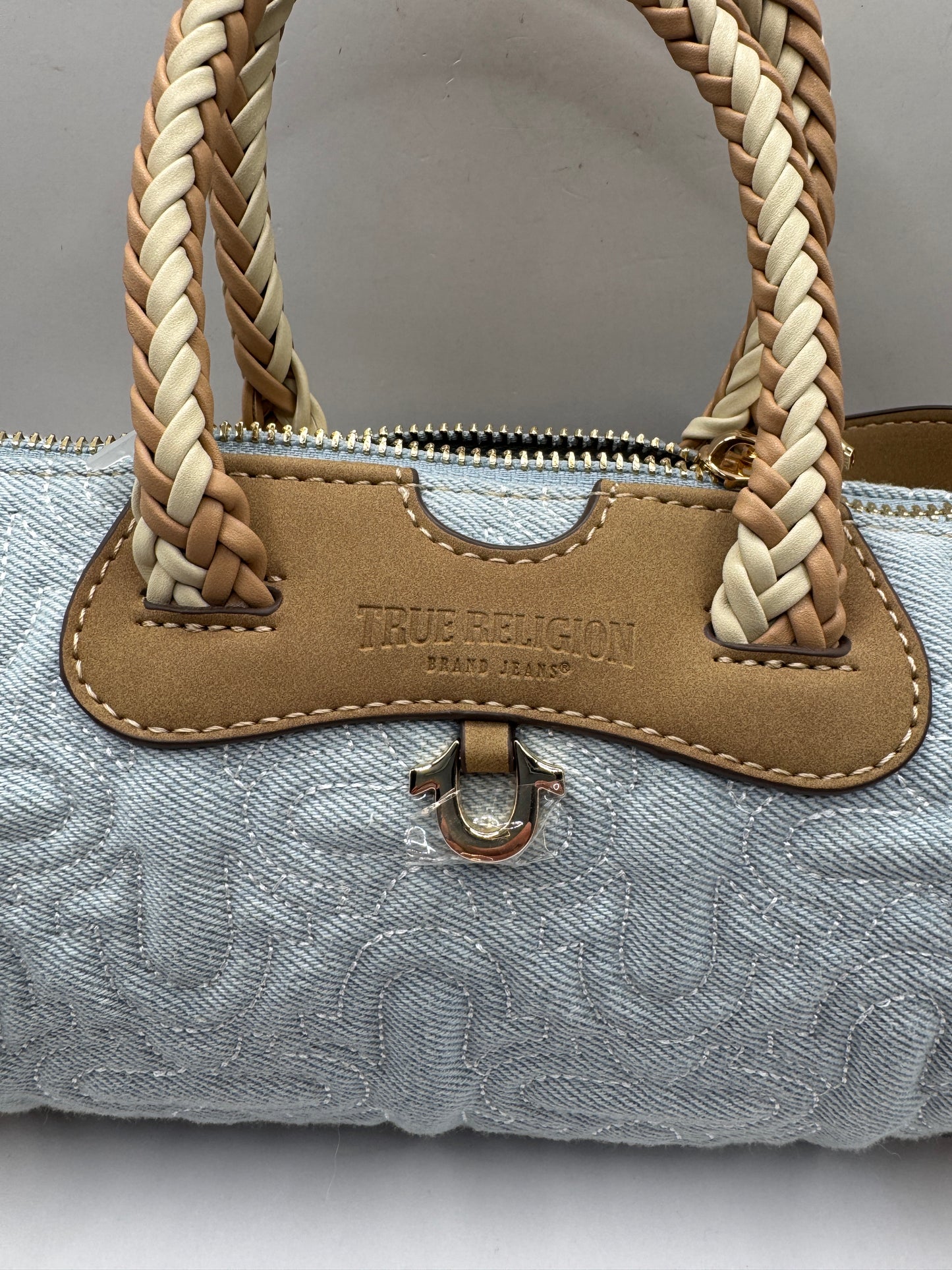 True Religion Quilted Horseshoe Mini Duffel Crossbody Bag – Brand New, Denim & Tan