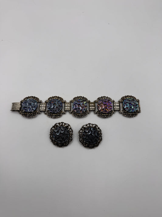 Vintage 1950s Prestige(Coro) Iridescent Cabochon Bracelet & Clip-On Earrings Set