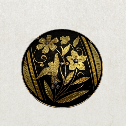 Vintage Damascene Circular Brooch – 1.5” Gold & Black Inlay