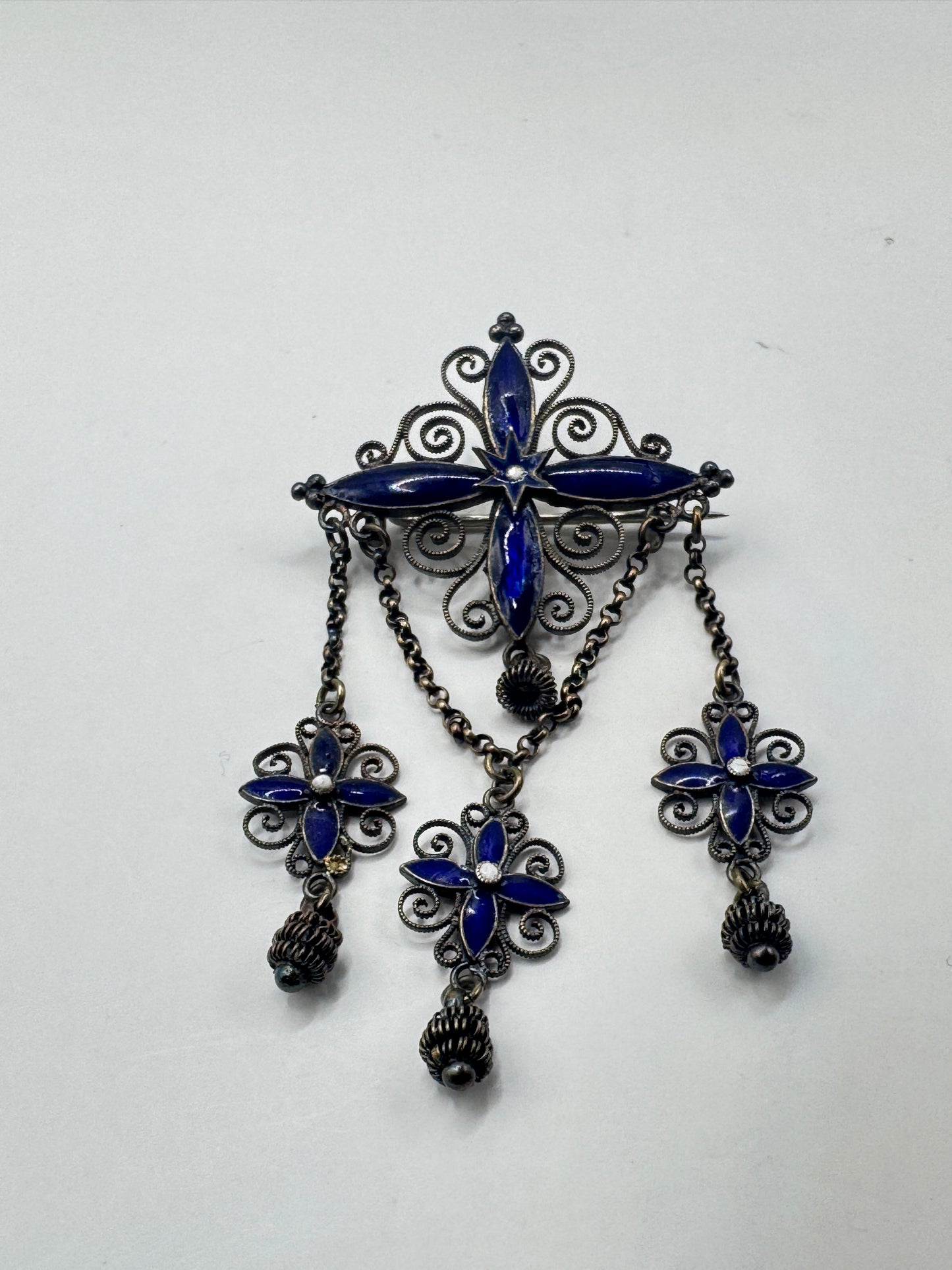 Authentic Antique Marius Hammer Silver 930 Filigree Brooch with Blue Enamel & Thimble Drops, c.1900 – Good Condition
