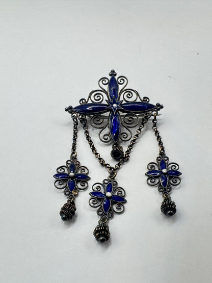 Authentic Antique Marius Hammer Silver 930 Filigree Brooch with Blue Enamel & Thimble Drops, c.1900 – Good Condition