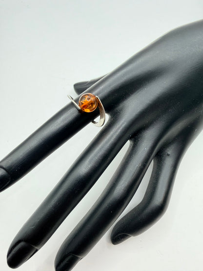 Amber Sphere Sterling Silver Ring Size 5