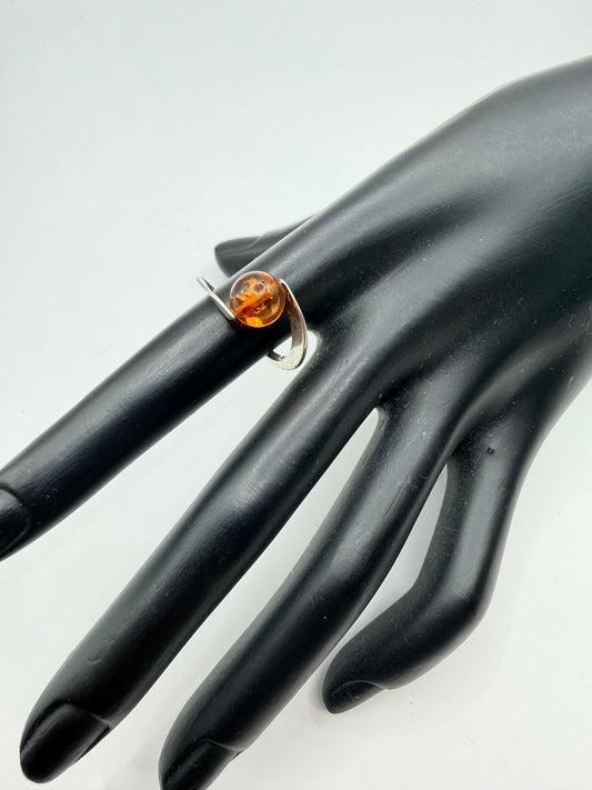 Amber Sphere Sterling Silver Ring Size 5