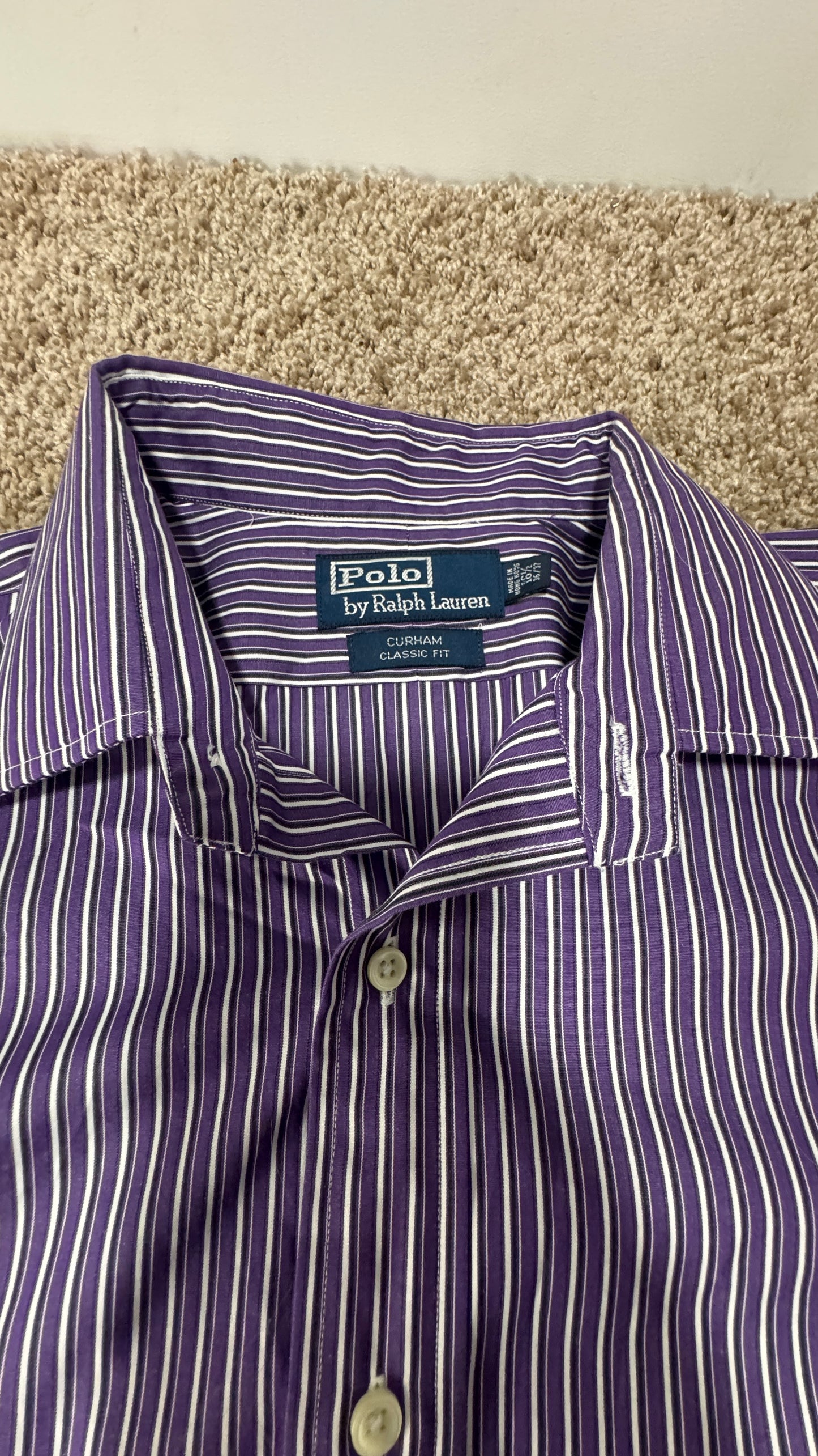 Vintage 90s Polo by Ralph Lauren Dress Shirt – Size 16.5 (36–37), Purple/White Stripe, Long Sleeve