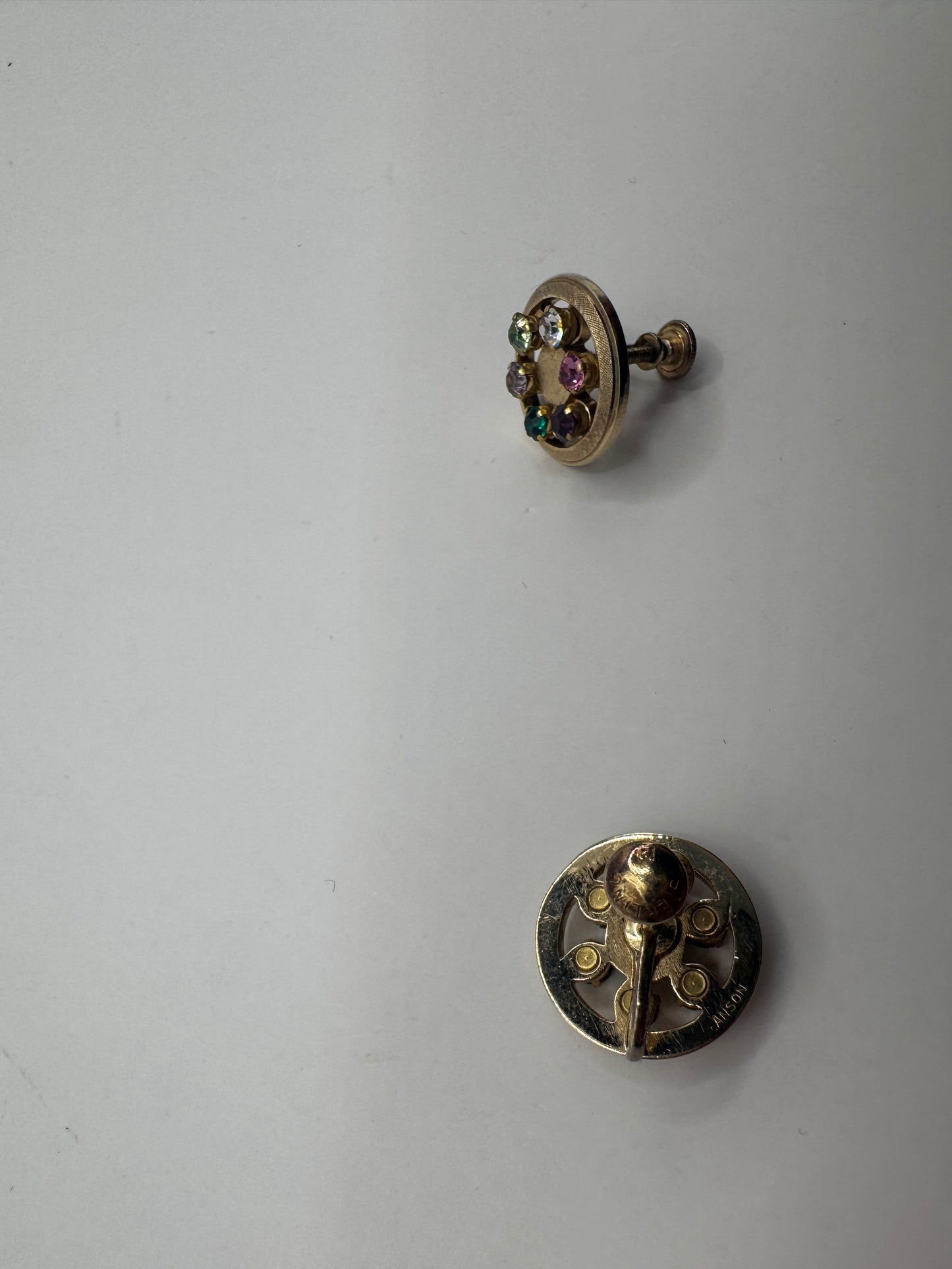 Anson Rainbow Crystal Clips Earrings – 1950s Gold-Plated Sterling Vintage Jewelry