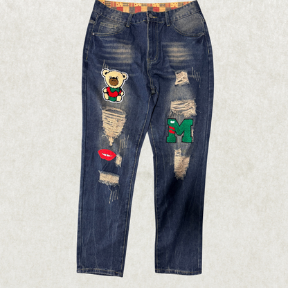 Men’s Distressed Patchwork Jeans – Size 34, Dark Wash, Slim Straight, Ripped Denim w/ Bear Patch