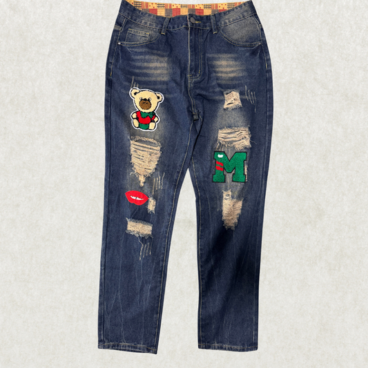 Men’s Distressed Patchwork Jeans – Size 34, Dark Wash, Slim Straight, Ripped Denim w/ Bear Patch