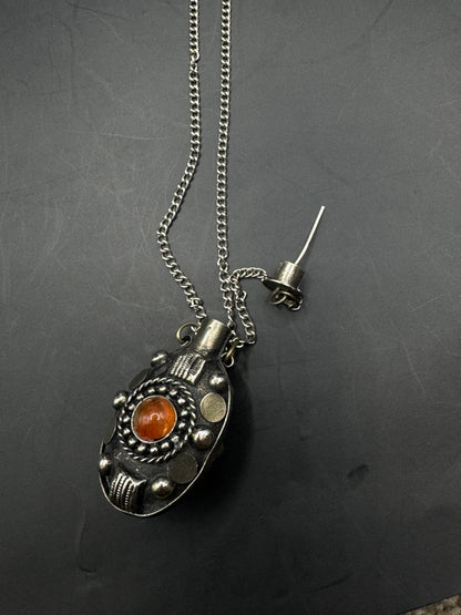 Vintage Silver Plated Perfume Bottle Necklace – Ornate Pendant with Amber Glass Cabochon