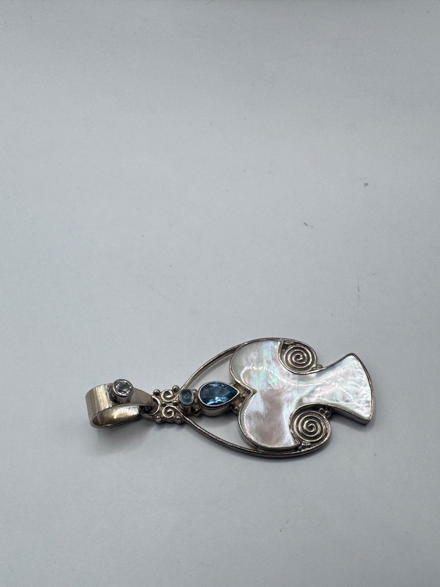 RARE Large Sajen Sterling Silver Mother of Pearl & Topaz Stylized Angel Pendant – Excellent Condition