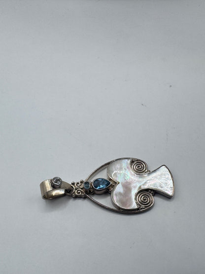 RARE Large Sajen Sterling Silver Mother of Pearl & Topaz Stylized Angel Pendant – Excellent Condition