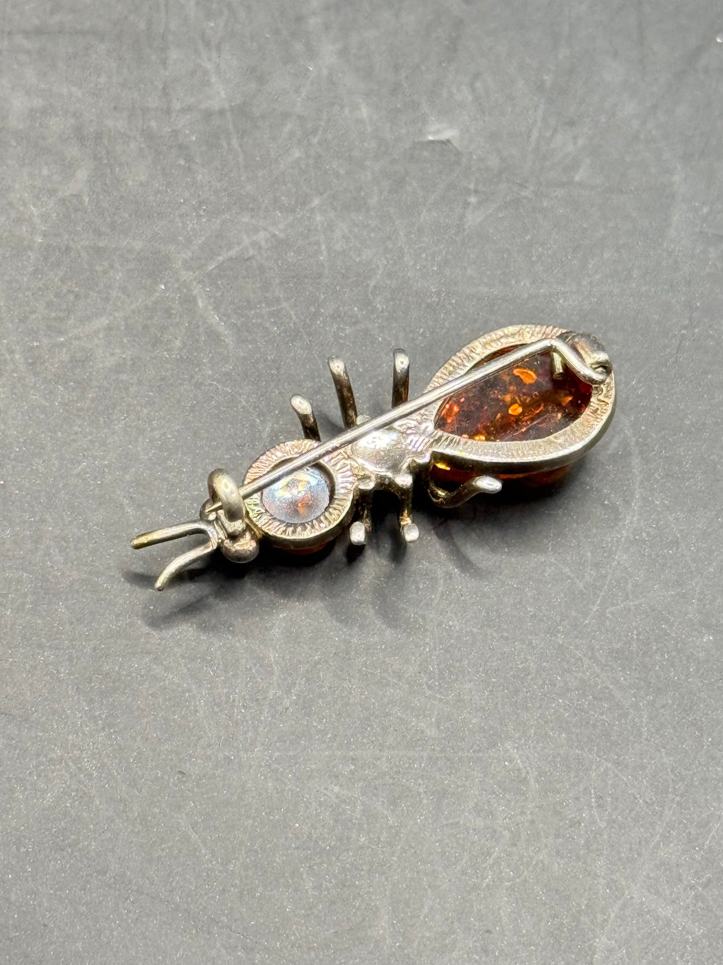 Vintage Amber Sterling Silver Ant Brooch