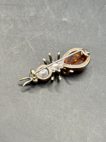 Vintage Amber Sterling Silver Ant Brooch
