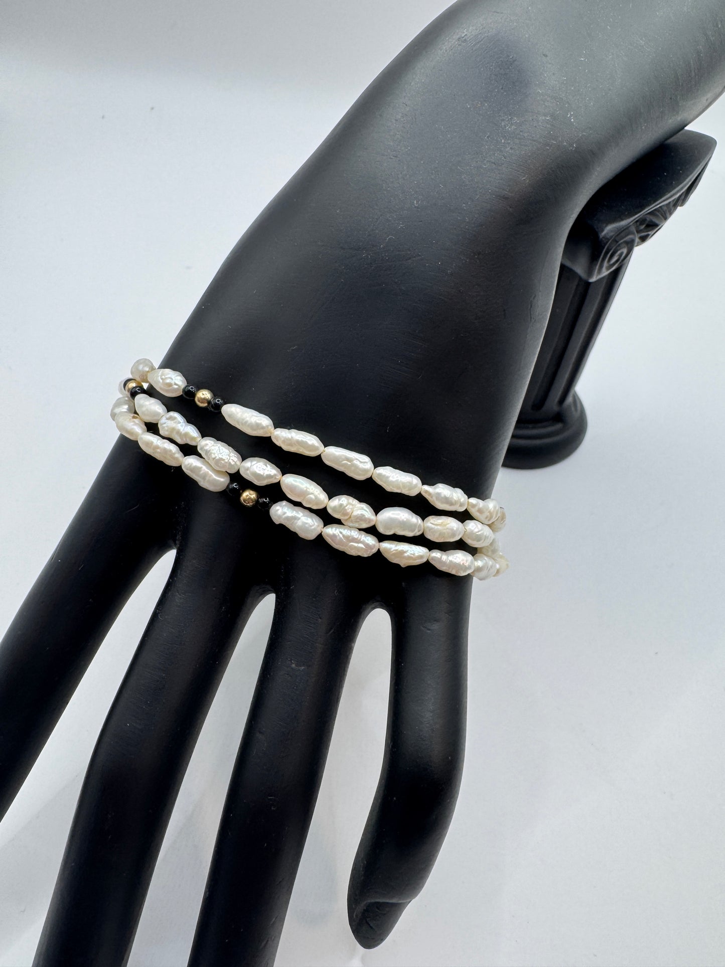 Vintage Three-Row Pearl Bracelet with Onyx & 14K Gold Clasp