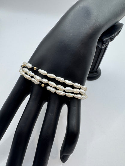 Vintage Three-Row Pearl Bracelet with Onyx & 14K Gold Clasp