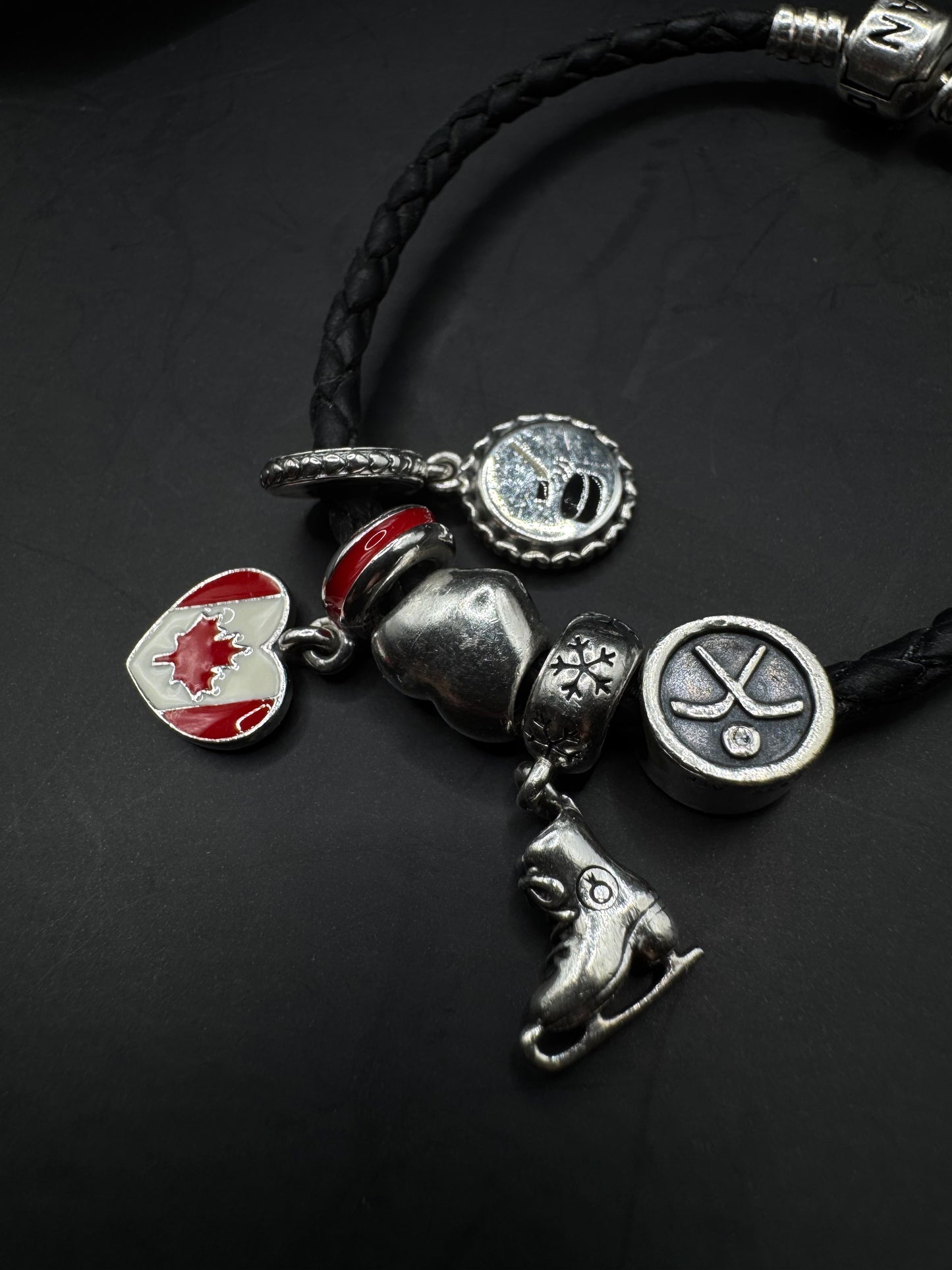 Pandora Black Braided Leather Bracelet with Sterling Silver 925 Pandora Charms