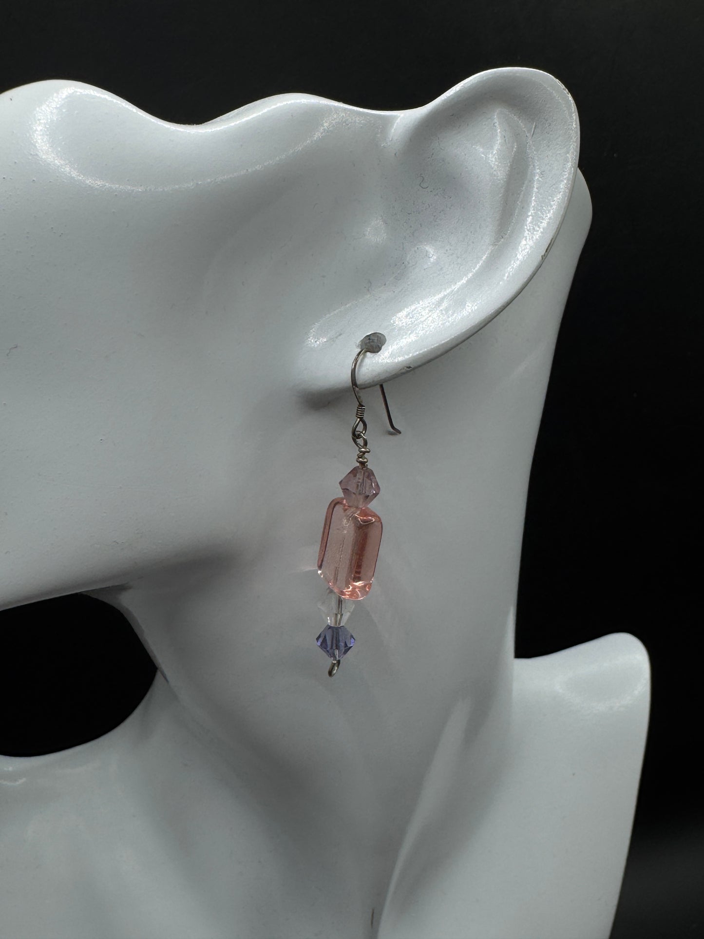Vintage Sterling Silver Crystal Drop Earrings – Pink & Purple Glass Beads, Elegant Dangle