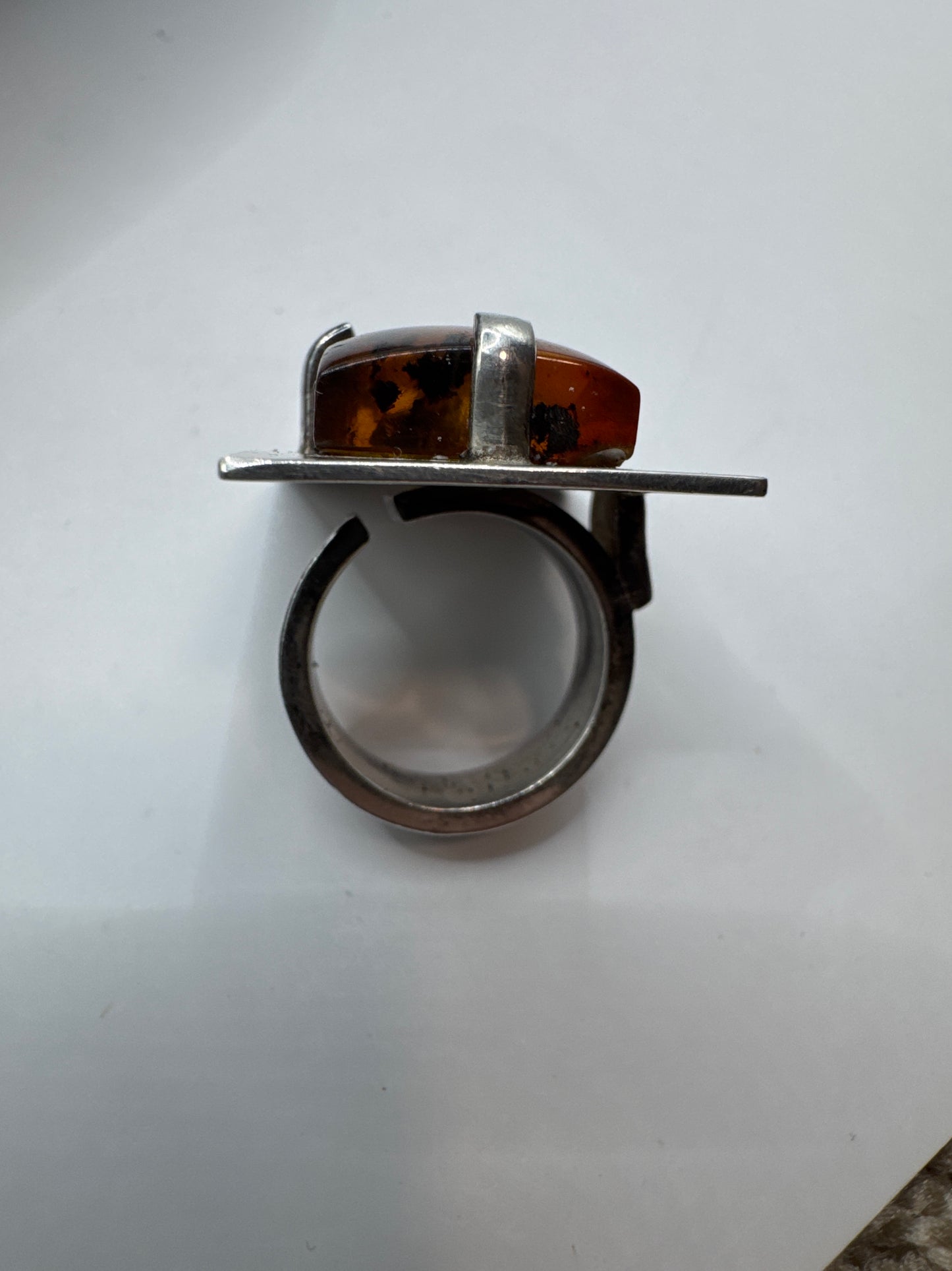 Mogens Godskesen Danish Artisan Modernist Sterling Silver Ring with Large Amber – Size 7, Adjustable