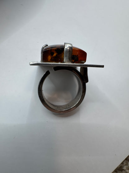 Mogens Godskesen Danish Artisan Modernist Sterling Silver Ring with Large Amber – Size 7, Adjustable