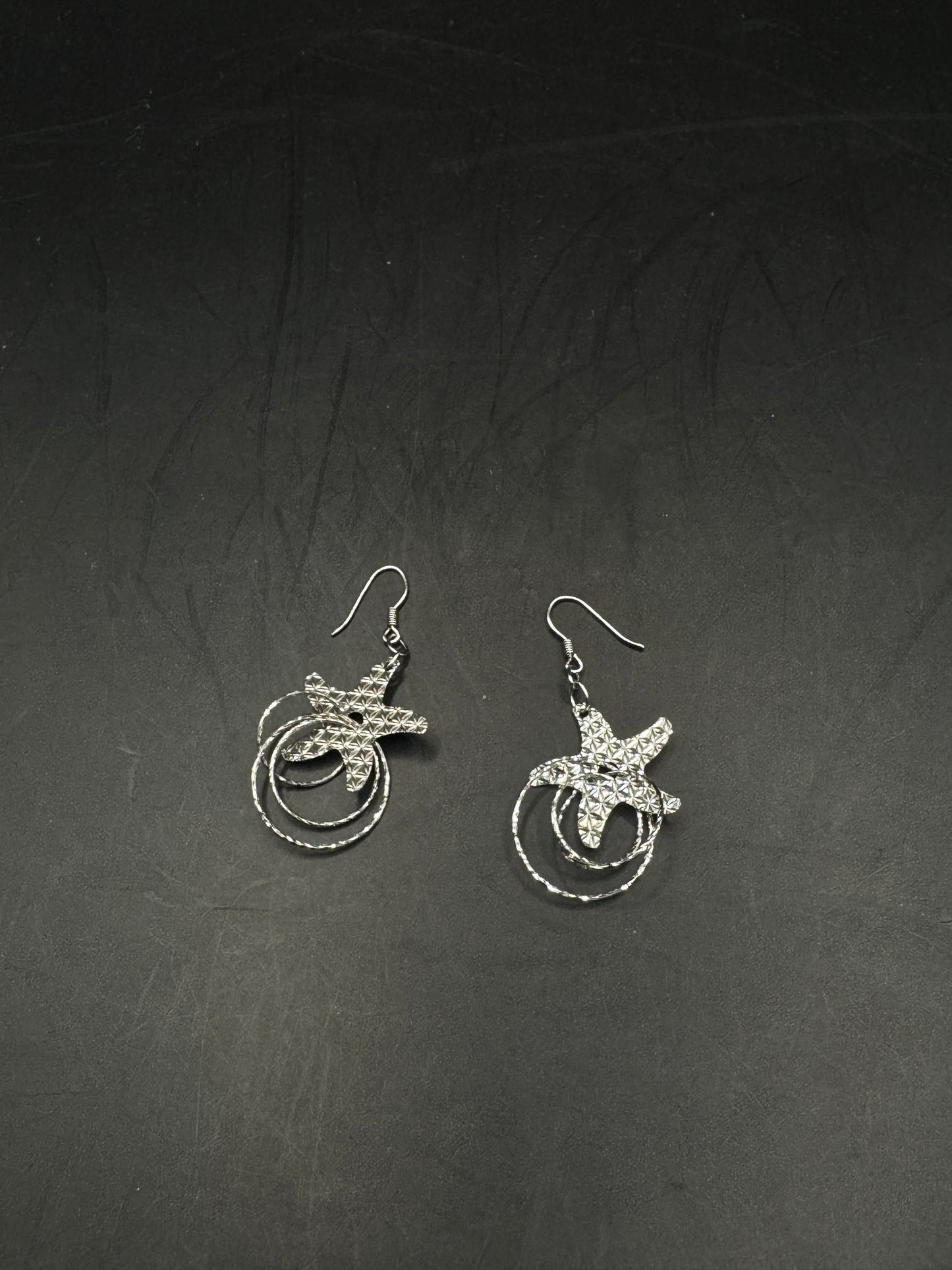 Vintage Sterling Silver Starfish Dangle Earrings – Diamond Cut Textured Hoops