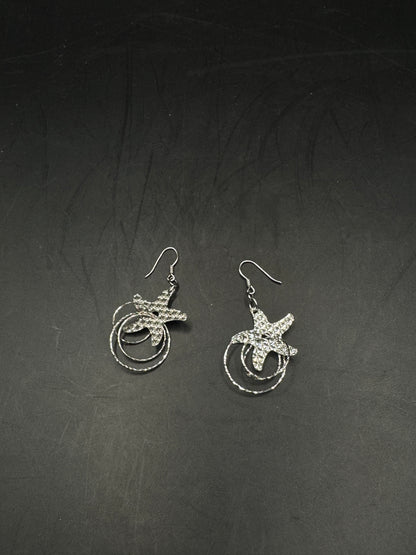 Vintage Sterling Silver Starfish Dangle Earrings – Diamond Cut Textured Hoops