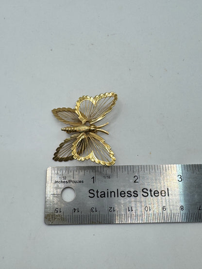 Vintage MONET Butterfly Brooch – Gold Tone Wire Wing Designer Pin 2” x 1.5”