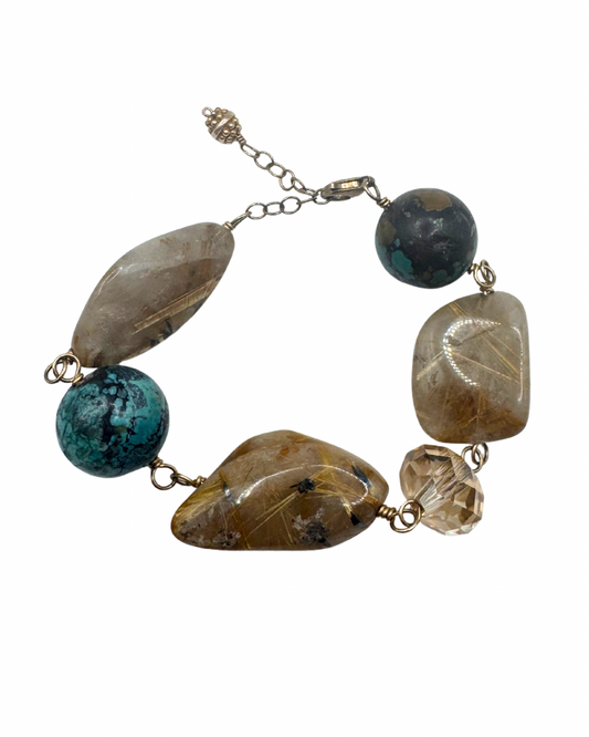Vintage Sterling Silver Bracelet – Turquoise & Rutilated Quartz Cabochon, Golden Flax Accents