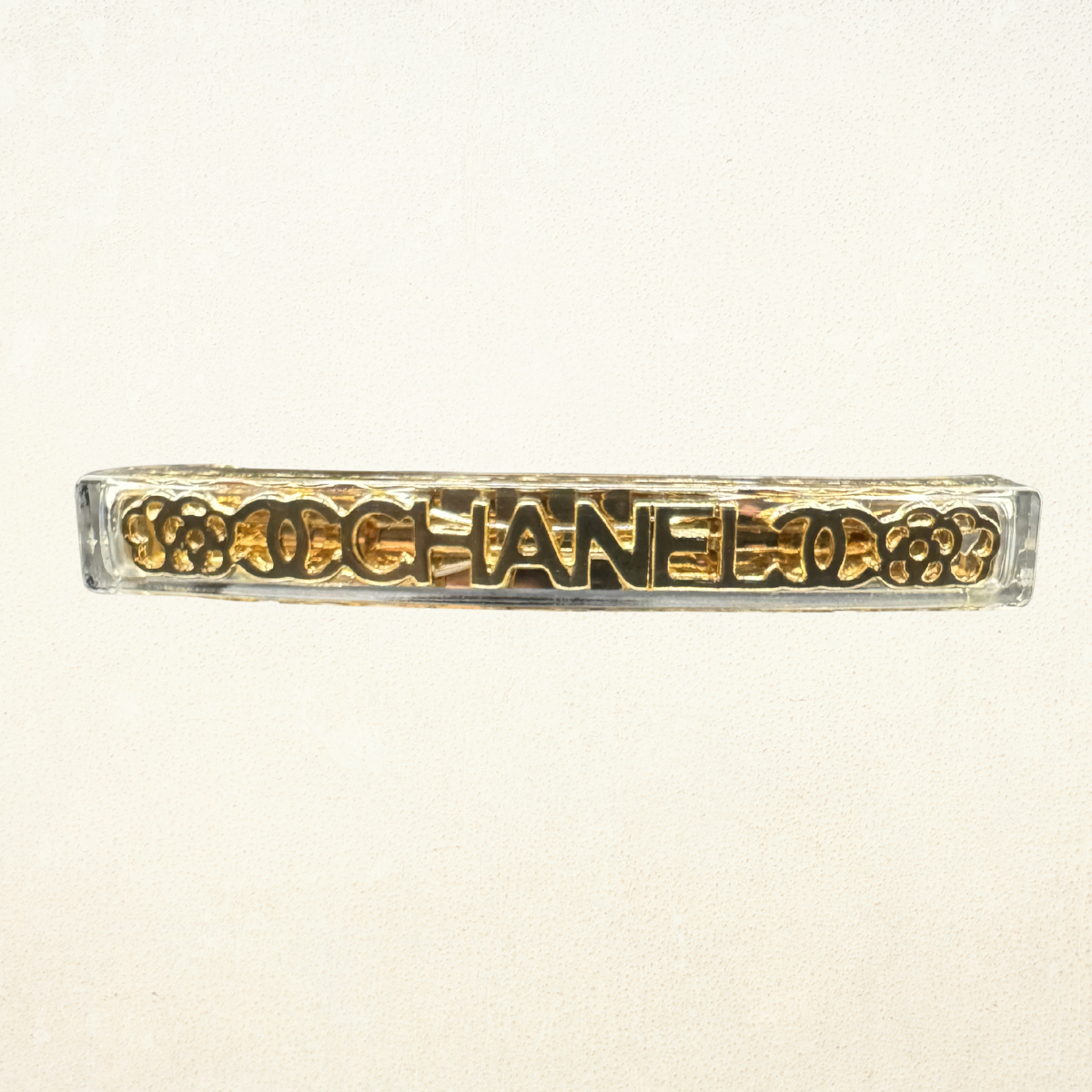 Vintage CHANEL Barrette Hair Clip – Gold Tone Logo Lucite Barrette – Late 1970s / Early 1980s – Made in France – Rare Collectible