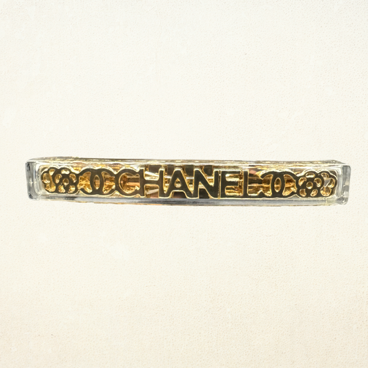 Vintage CHANEL Barrette Hair Clip – Gold Tone Logo Lucite Barrette – Late 1970s / Early 1980s – Made in France – Rare Collectible