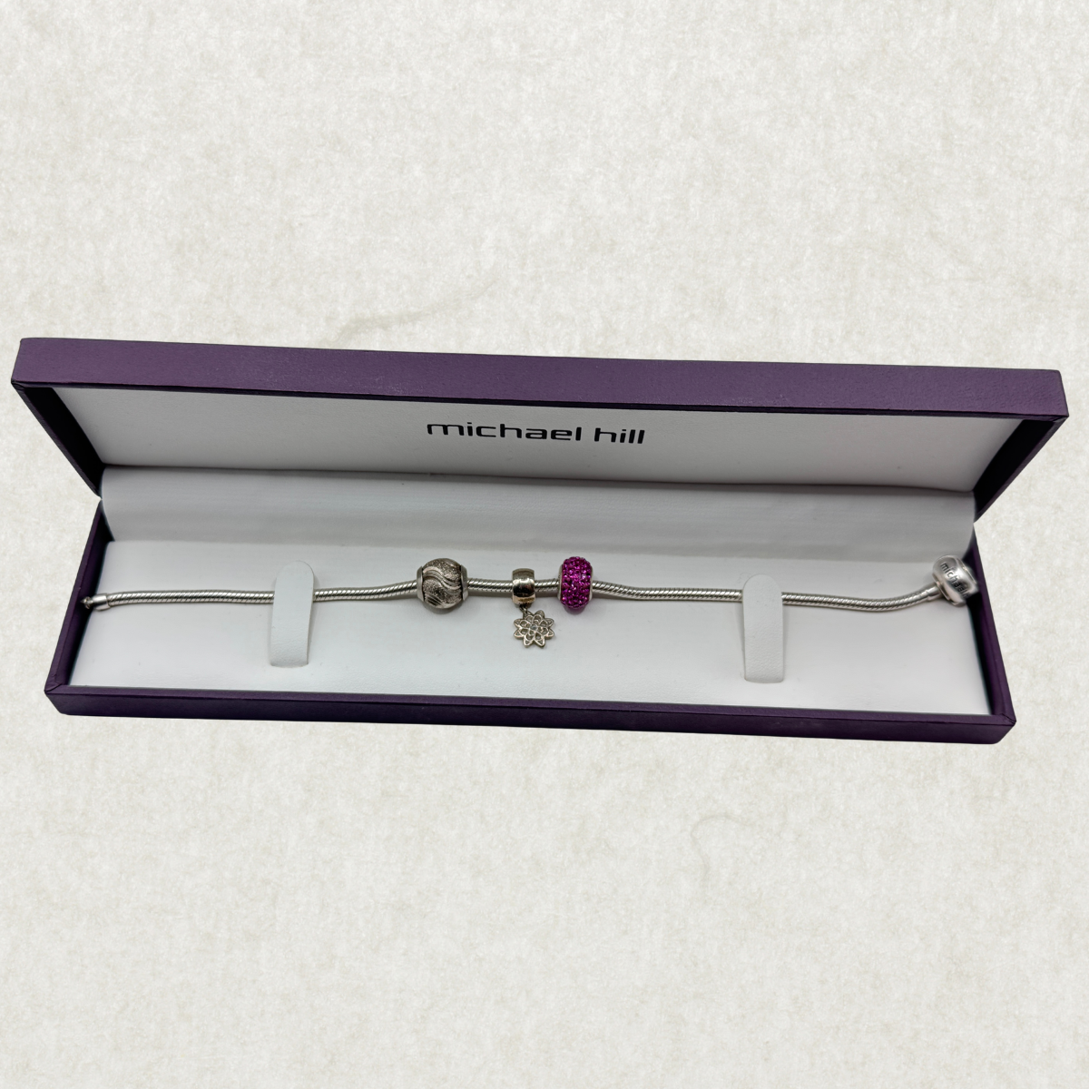 Michael Hill Sterling Silver 925 Snake Chain Charm Bracelet with 2 Michael Hill Charms & Emma & Roe Blue Diamond Charm
