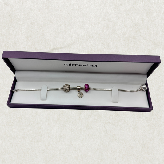 Michael Hill Sterling Silver 925 Snake Chain Charm Bracelet with 2 Michael Hill Charms & Emma & Roe Blue Diamond Charm