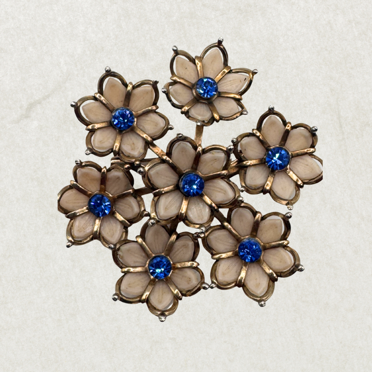 Vintage 1940s–1950s Floral Brooch with Blue Rhinestones