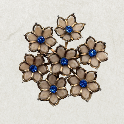Vintage 1940s–1950s Floral Brooch with Blue Rhinestones