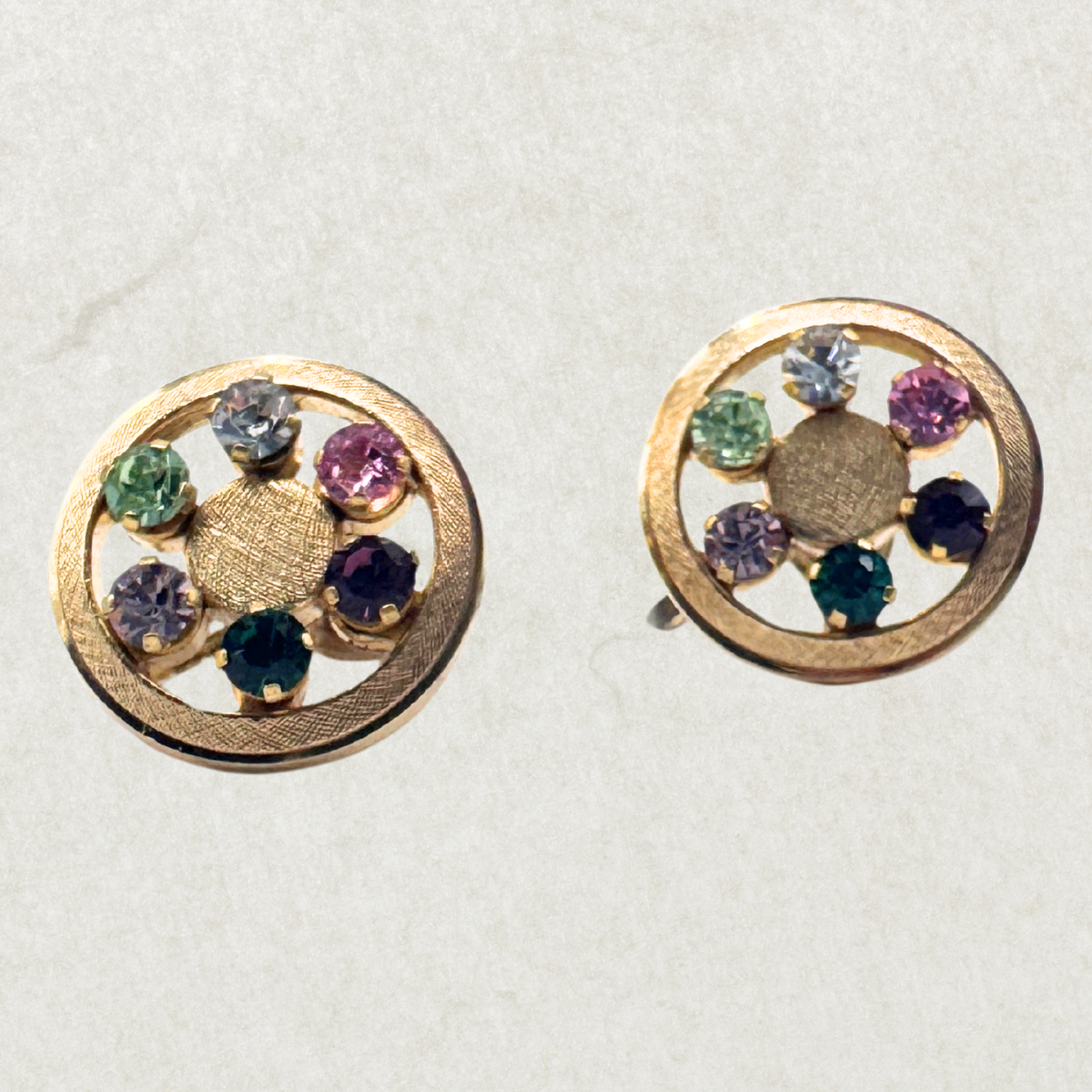 Anson Rainbow Crystal Clips Earrings – 1950s Gold-Plated Sterling Vintage Jewelry